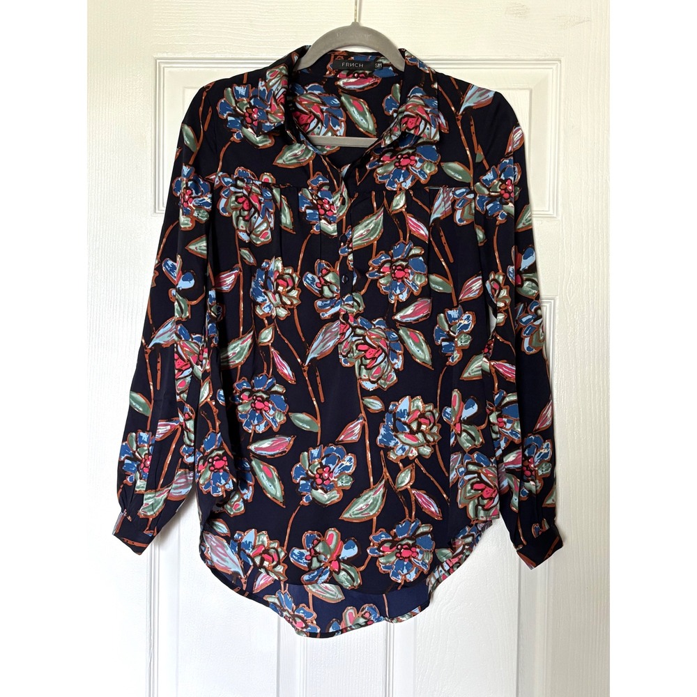 French Connection FRNCH Navy Blue Floral Long Sleeve Button Front Blouse S/M